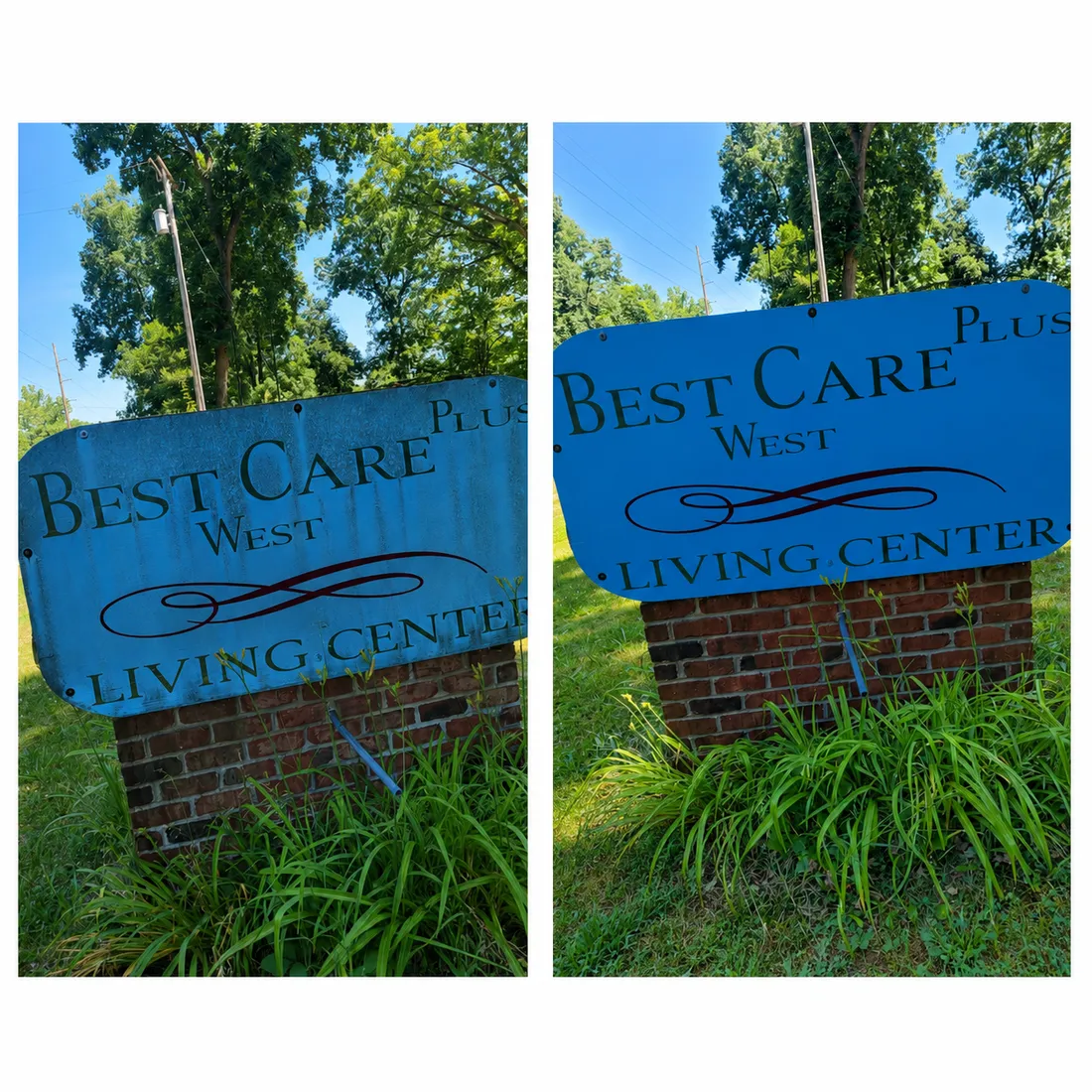Commercial business sign near Marshall, MI before and after a White Collar wash — faded grime cleaned to bright blue